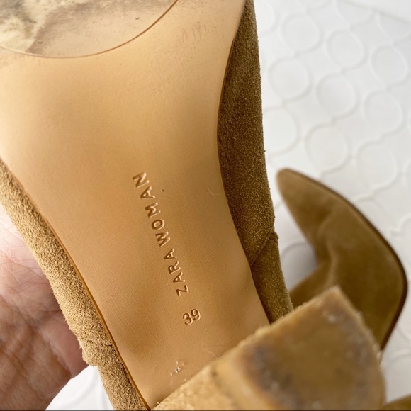 Zara Woman Suede Leather Lace Up Pointy Toe Heeled Booties Tan Cognac Size 39/9 - Picture 14 of 16